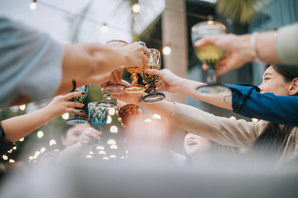 Close up Asian Chinese Friends Celebration Toasting Outdoor Dining